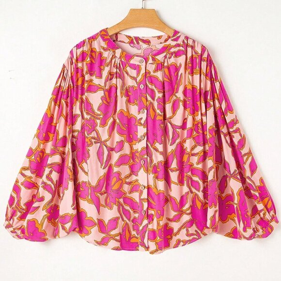 Multicolor Boho Women's Floral Print Batwing Sleeve Buttoned Loose Fit Shirt - Picture 4 of 8